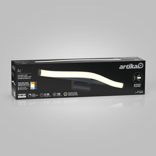 Black box featuring the Artika Arc 27-in Integrated LED 5-CCT Vanity Light Bar for Bathroom on a gray background.