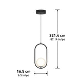 A modern pendant light with a black oval frame and a white spherical bulb inside. The fixture is 221.4 cm (87.14 in) tall and 16.5 cm (6.5 in) wide, as indicated by labeled arrows.