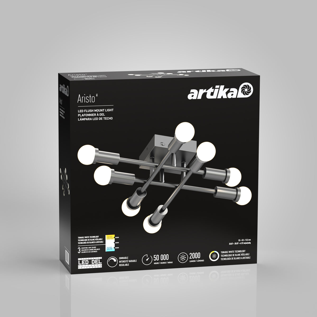 Black box packaging of the Artika Aristo LED flush mount 3 CCT with six white bulbs and adjustable color temperature is shown.