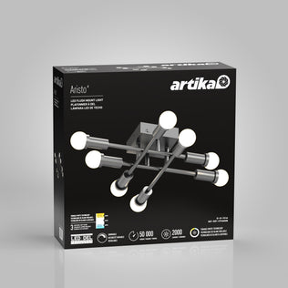 Black box packaging of the Artika Aristo LED flush mount 3 CCT with six white bulbs and adjustable color temperature is shown.