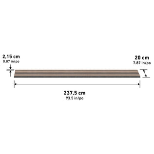 The Artika Sonolok sound-absorbing wall panel kit includes a rectangular wooden plank measuring 2.15 cm thick, 20 cm wide, and 237.5 cm long, with arrows and labels indicating each dimension.