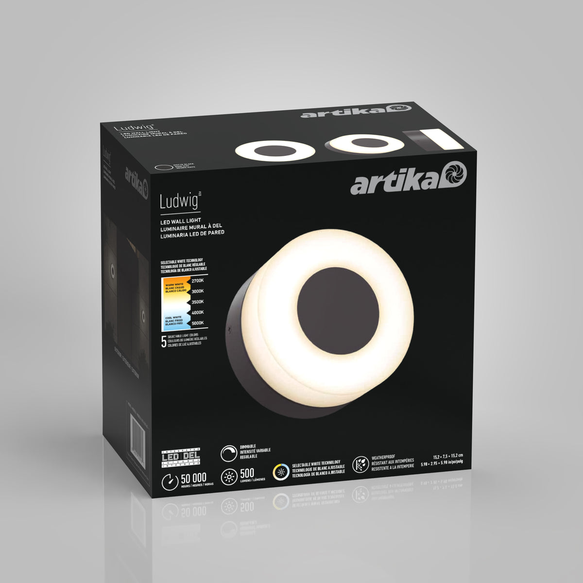 A black box displaying an Artika Ludwig LED wall light, featuring a circular white light with a dark center. The box highlights features like 50,000 hours lifespan, 500 lumens, and a 5-year warranty.