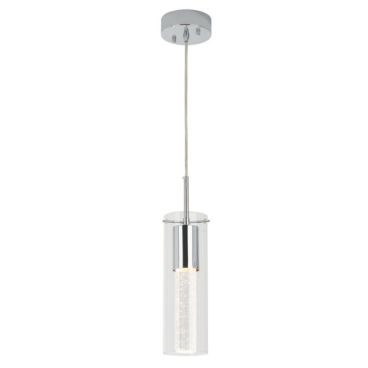 A modern pendant light with a cylindrical glass shade, suspended from the ceiling by a metal fixture and cord, featuring a bright LED bulb inside.