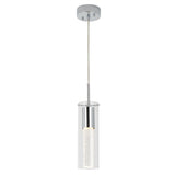 A modern pendant light with a cylindrical glass shade, suspended from the ceiling by a metal fixture and cord, featuring a bright LED bulb inside.