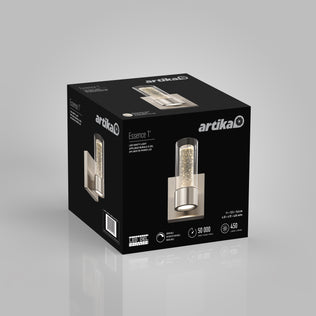 Black box packaging for Artika Essence 1-light LED vanity, shows product image, accent lighting, 50,000 hrs, and 450 lumens.