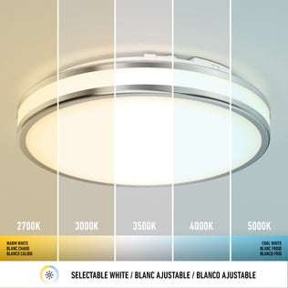 Artika Hemisphere 15″ LED ceiling light features 5 color temps (2700K-5000K) & adjustable brightness, labeled below fixture.
