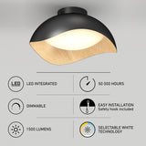 A modern black and wooden ceiling light fixture with icons and text highlighting features: LED integrated, 50,000 hours lifespan, dimmable, easy installation with safety hook, 1500 lumens, and selectable white technology.