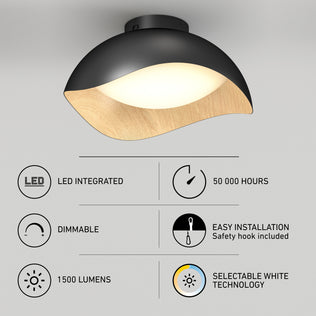 Artika Adara 15 in. LED flush mount light, 5 CCT selectable, dimmable, 1500 lumens, wood and black finish.