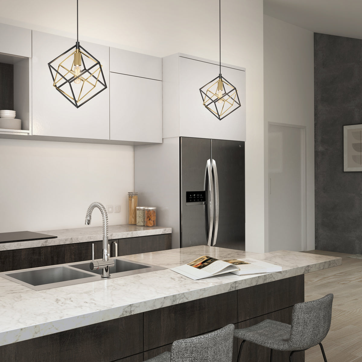 Modern kitchen with white marble countertops, dark wood cabinets, stainless steel appliances, Artika Imperium Single pendant lights, a double sink, two gray upholstered bar stools, and an open book on the counter.