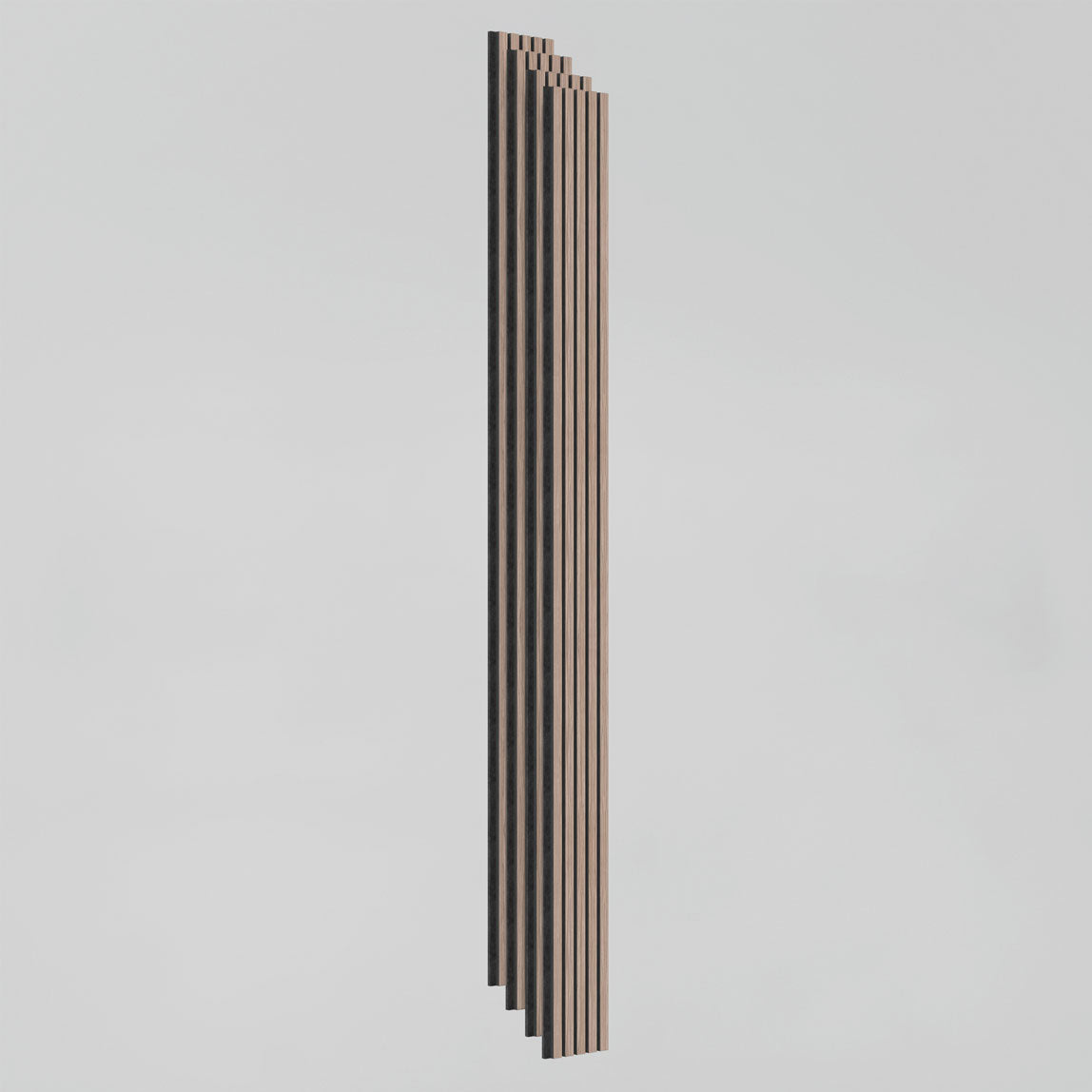 Vertical wooden slats with alternating light and dark stripes are arranged in a staggered formation against a plain white background.