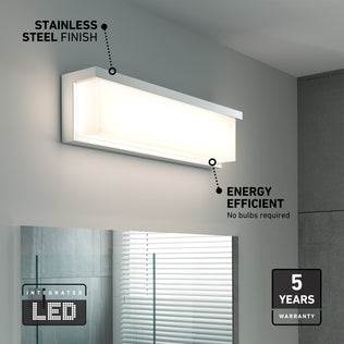 Artika Bristol modern LED bathroom vanity light 3 CCT; dimmable, stainless steel, energy-efficient with 5-year warranty.