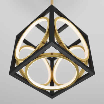 The Astoria LED modern pendant light by Artika features a sleek black cube frame with four luminous gold rings inside, suspended elegantly from the ceiling against a light gray background.