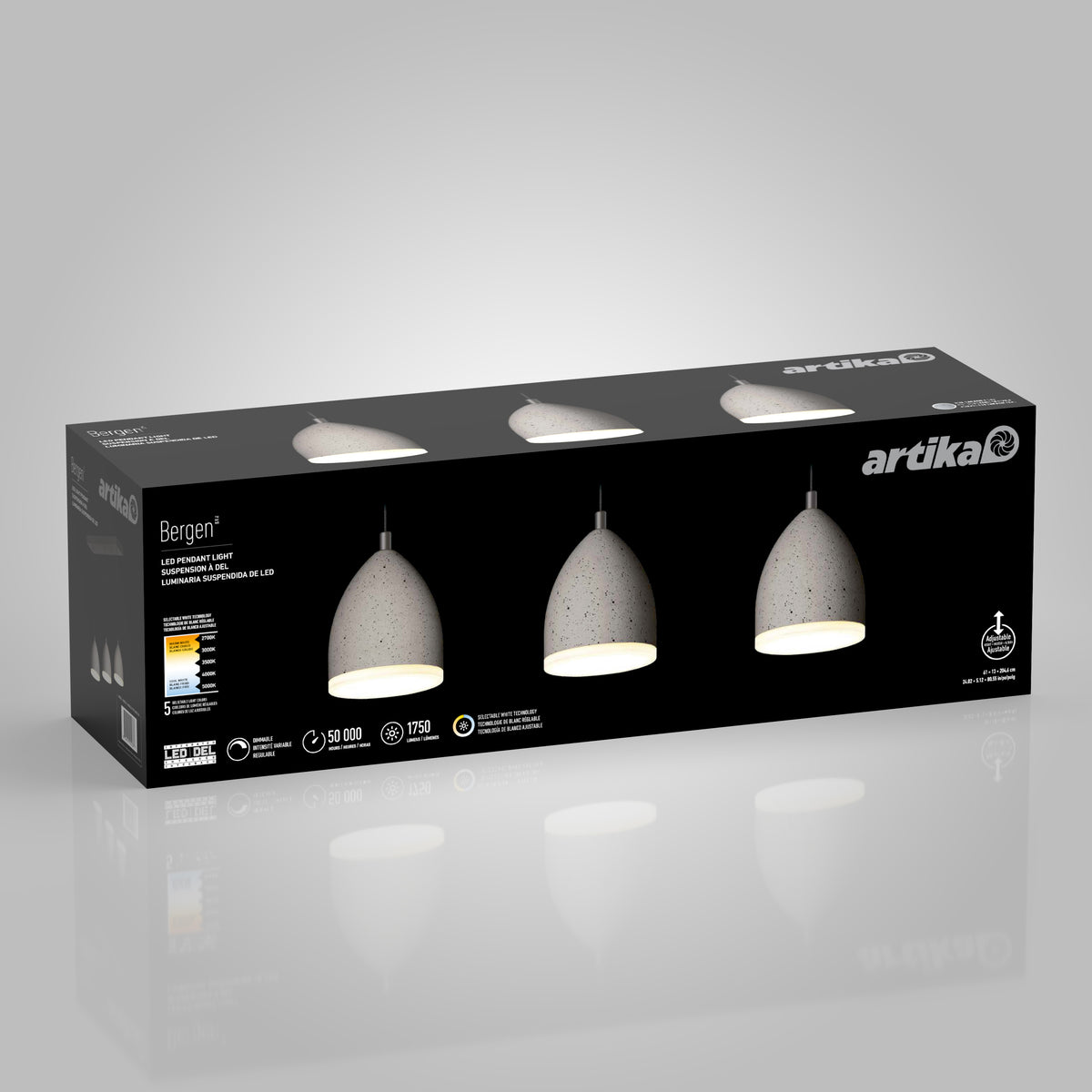 A rectangular black box displays the Artika Bergen LED pendant light, featuring three dome-shaped white lights shown illuminated on the packaging. Product details and specifications are printed on the front.