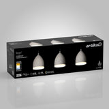 A rectangular black box displays the Artika Bergen LED pendant light, featuring three dome-shaped white lights shown illuminated on the packaging. Product details and specifications are printed on the front.