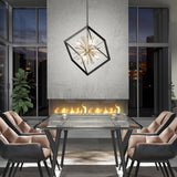 A modern dining room with a glass table, four cushioned chairs, a geometric pendant light, a fireplace, large windows, city views, and potted plants.
