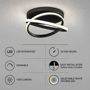 Orbia 14 in. Modern LED flush mount light with intersecting rings, 1600 lumens, 3 CCT options, dimmable, 50,000-hour life, and easy installation.