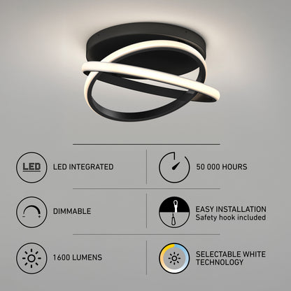 Orbia 14 in. Modern LED flush mount light with intersecting rings, 1600 lumens, 3 CCT options, dimmable, 50,000-hour life, and easy installation.