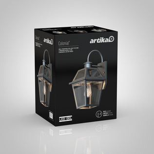 A black box package for the Artika Colonial outdoor lantern wall light features an image of the lamp on the front and side, along with product details and icons.