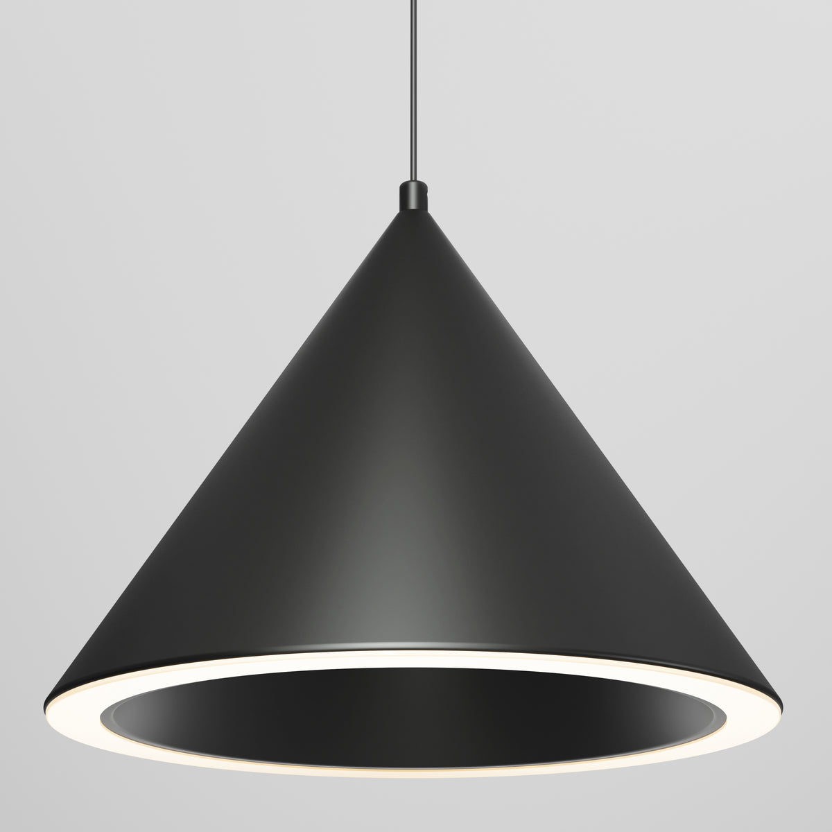 The Denali modern LED pendant light 3 CCT by Artika is a black, cone-shaped fixture with a circular LED ring at the bottom, suspended from the ceiling against a plain light gray background.