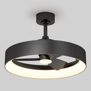 The Artika Austin 23 in. LED modern ceiling fan features a black circular frame, integrated LED light ring, and three angled blades, mounted on a gray ceiling. Includes remote control.
