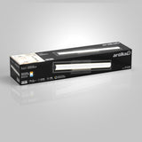 A black and gray rectangular box for the Artika Rialto LED vanity light, featuring an image of the light fixture, specifications, and branding on the packaging.