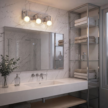 Artika Aryna 20 in. 3-Light LED Wall Vanity 3000K with glass globes mounted above a bathroom mirror.