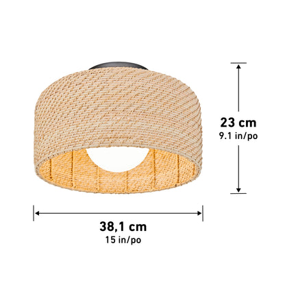 The Emiko modern LED flush mount light by Artika features a beige woven rattan shade with a circular opening, measuring 23 cm tall and 38.1 cm wide—arrows mark its height and width for this stylish ceiling addition to your space.