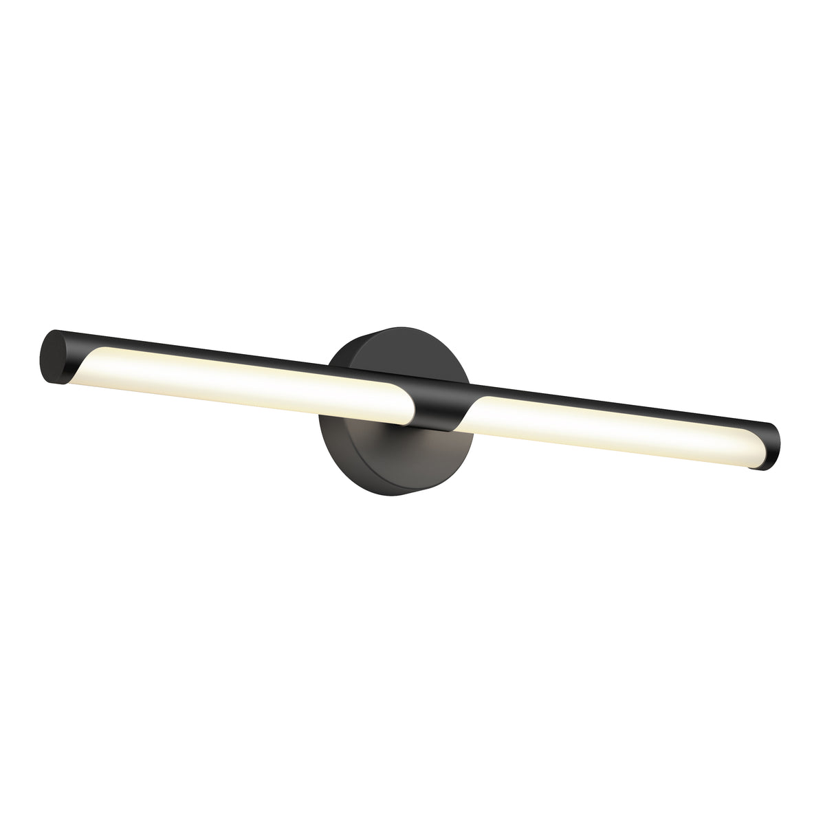 A modern, wall-mounted LED light fixture with a black circular base and a long, cylindrical light bar extending horizontally, emitting soft white light from both sides.