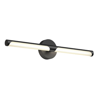 The Artika Ilona LED bathroom vanity light 5 CCT in black features a modern design with a horizontal cylindrical bar emitting light from both ends, mounted on a circular base.