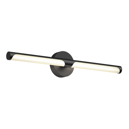 The Artika Ilona LED bathroom vanity light 5 CCT in black features a modern design with a horizontal cylindrical bar emitting light from both ends, mounted on a circular base.