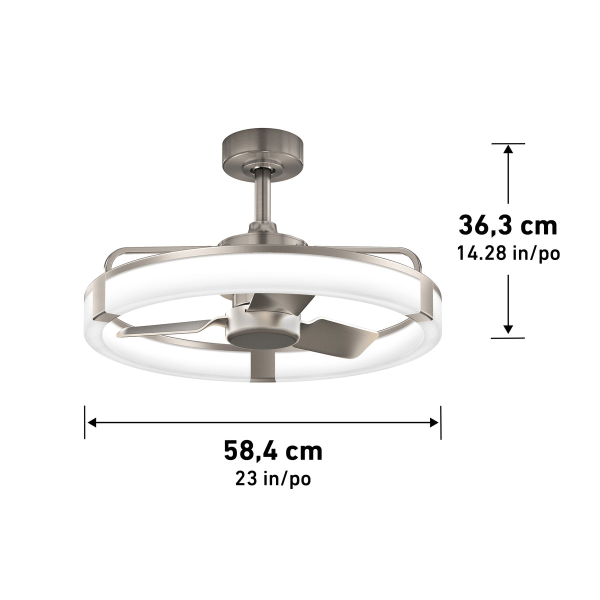 Artika Sunnyvale 23 in. LED modern ceiling fan with remote, features adjustable lighting; shown with size labels (58.4x36.3 cm).