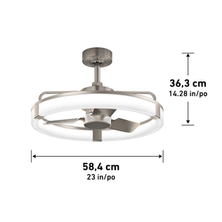 Artika Sunnyvale 23 in. LED modern ceiling fan with remote, features adjustable lighting; shown with size labels (58.4x36.3 cm).