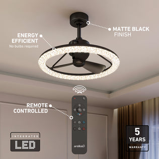 Artika Carat 23" LED ceiling fan features a gemstone-cut diffuser, matte black finish, energy efficiency, and remote control.