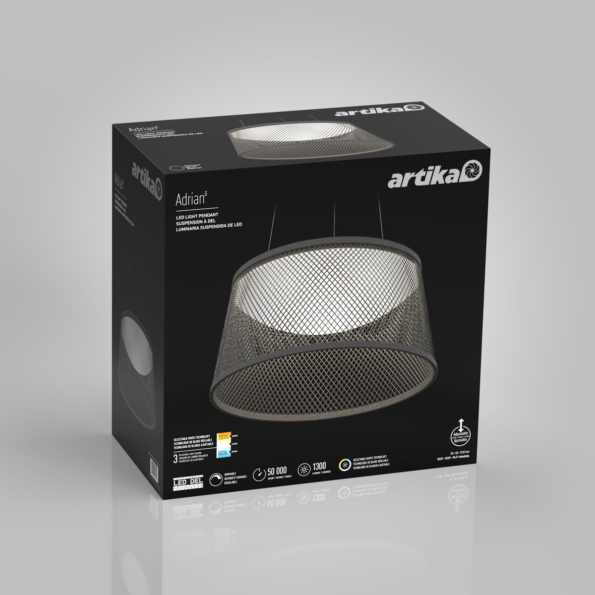 A black Artika product box displays a mesh pendant LED light fixture called “Adrian.” The box features a large image of the lamp, product details, and energy ratings on a gray background.