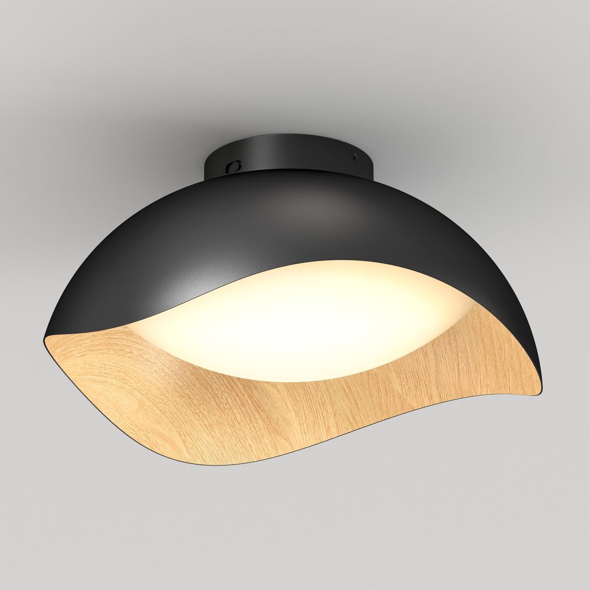 The Artika Adara 15 in. LED flush mount light features a black and wood-tone shade and 5 CCT settings for a warm, modern glow.