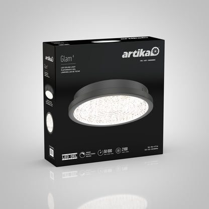Artika Glitter 14 in. LED Flush Mount Ceiling Light box shows fixture image and integrated LED technology info on packaging.