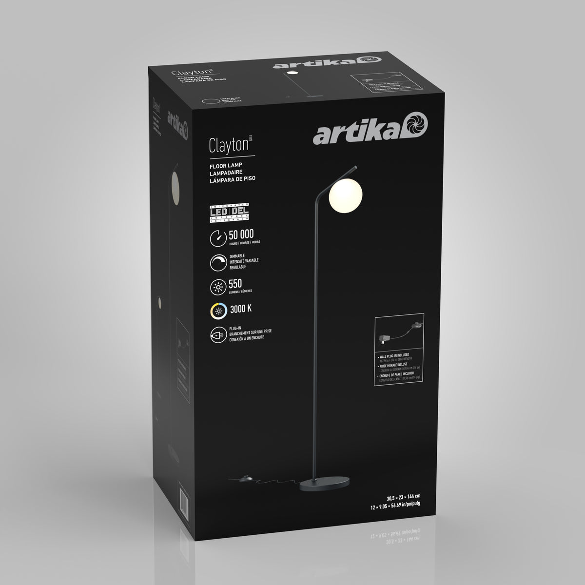 Black box packaging for an Artika Clayton LED floor lamp, featuring an image of the lamp, key specs like 50,000 hours lifespan, 550 lumens, and 3000K light temperature, with product branding and details.