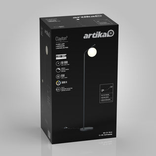 The Artika Clayton dimmable LED modern mid-century floor lamp box displays the black lamp with a round white bulb, specs, and icons on a dark background.