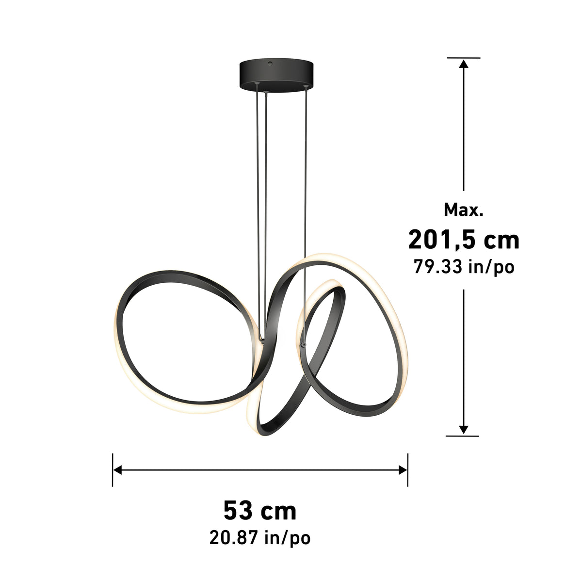 Modern black pendant light with two intertwined LED loops, suspended from a round ceiling mount. Dimensions shown: height max 201.5 cm (79.33 in), width 53 cm (20.87 in). White background.