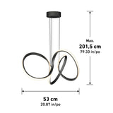 Modern black pendant light with two intertwined LED loops, suspended from a round ceiling mount. Dimensions shown: height max 201.5 cm (79.33 in), width 53 cm (20.87 in). White background.