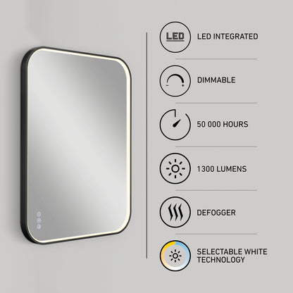 The Artika Royce dimmable LED mirror 3 CCT, a rectangular wall-mounted mirror with illuminated edges, features LED integration, dimming, 50,000-hour lifespan, 1300 lumens, defogger, and selectable white technology.