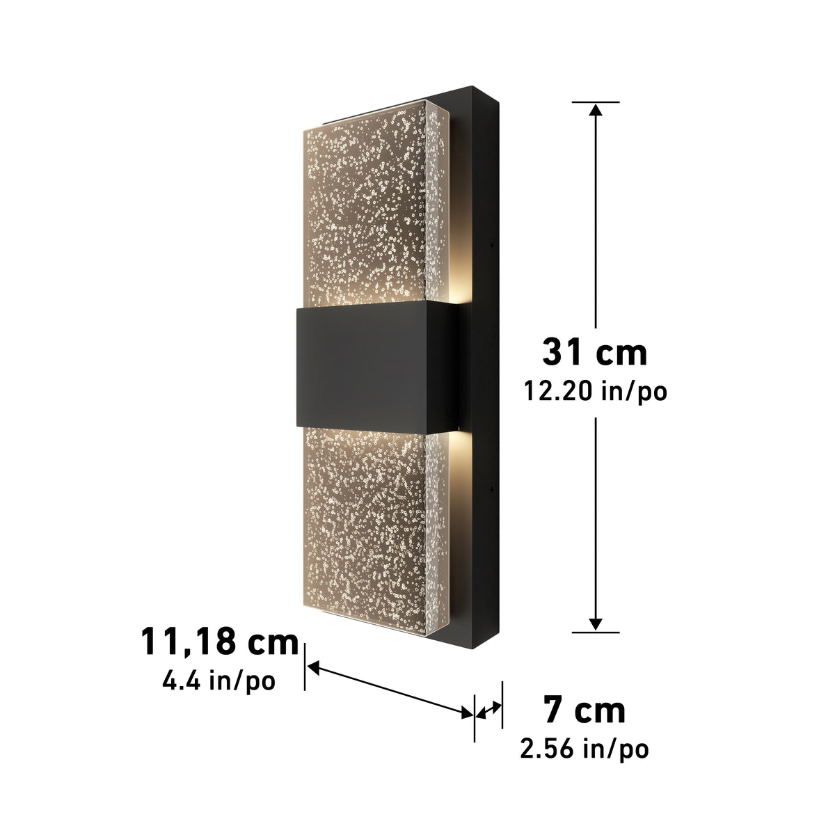 Rectangular wall sconce with a black center band and textured panels, shown with measurements: 31 cm (12.20 in) high, 11.18 cm (4.4 in) wide, and 7 cm (2.56 in) deep.