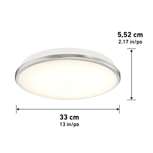 Artika Vera 13 in. (33 cm) modern LED flush mount ceiling light, dimmable with chrome finish, shown with measurement arrows.