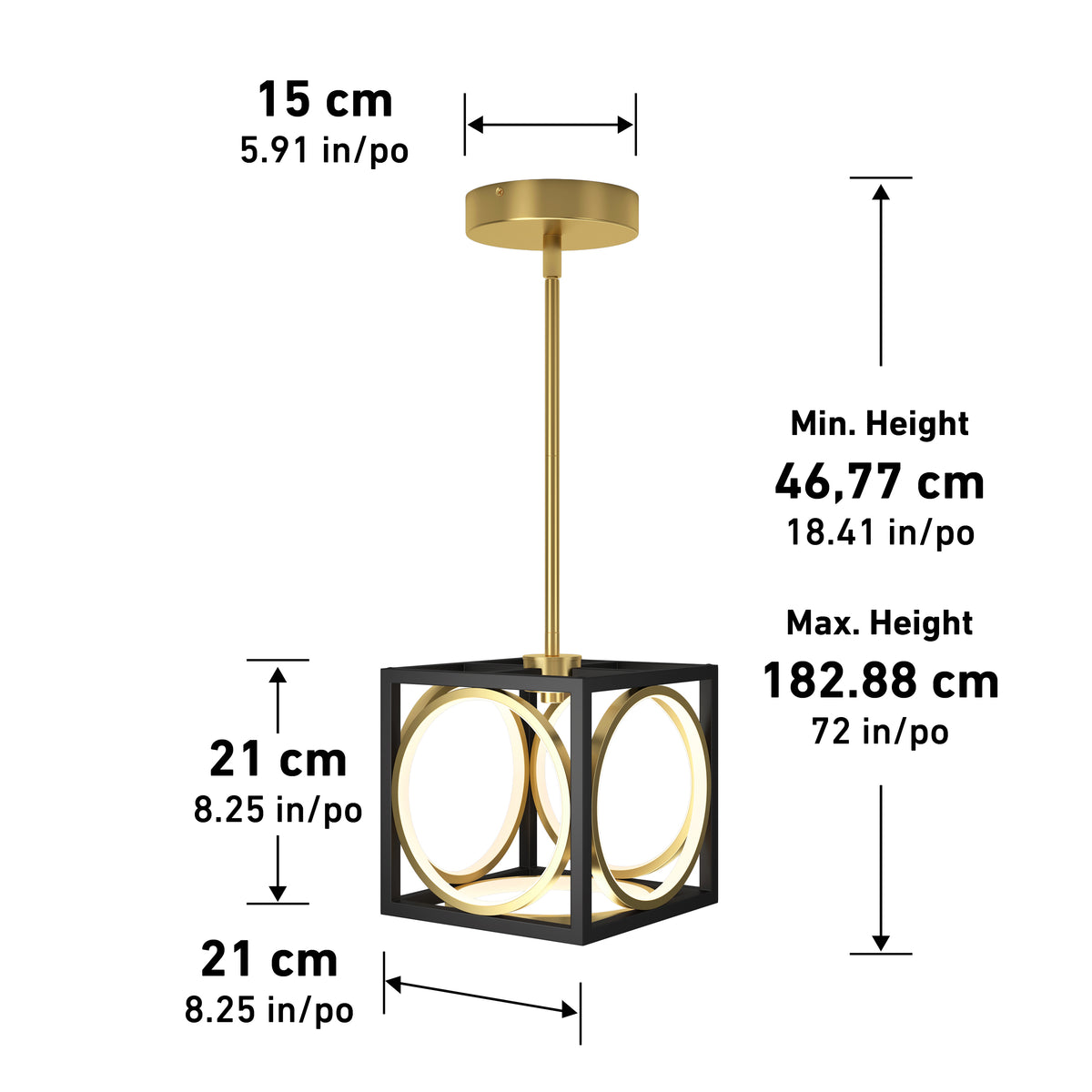 The Artika Astoria LED modern pendant light features a black square frame with gold circular accents, measures 21 cm wide/deep, has a 15 cm ceiling plate, and offers an adjustable height from 46.77 to 182.88 cm.