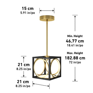The Artika Astoria LED modern pendant light features a black square frame with gold circular accents, measures 21 cm wide/deep, has a 15 cm ceiling plate, and offers an adjustable height from 46.77 to 182.88 cm.
