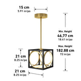 A modern pendant light with a gold ceiling mount and rod, featuring a black square frame (21 cm each side) with circular gold accents, and height adjustable from 46.77 cm to 182.88 cm. Measurements are labeled in cm and inches.
