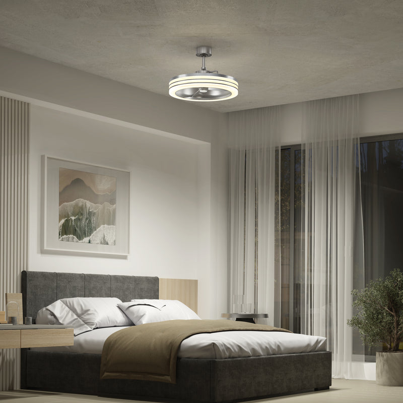 Modern bedroom with a double bed, gray upholstered headboard, beige blanket, wall art, nightstand, potted plant, large windows with sheer curtains, and the Artika Horizon 23 in. LED modern ceiling fan with 3 speeds and remote.