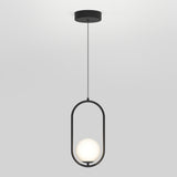 A modern pendant light with a black circular base, a thin black cord, and an oval-shaped metal frame holding a glowing white spherical bulb at the bottom, set against a plain light gray background.