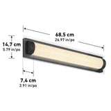 A wall-mounted light fixture with dimensions labeled: length 68.5 cm (26.97 in), height 14.7 cm (5.79 in), and depth 7.4 cm (2.91 in). The fixture emits a warm glow.
