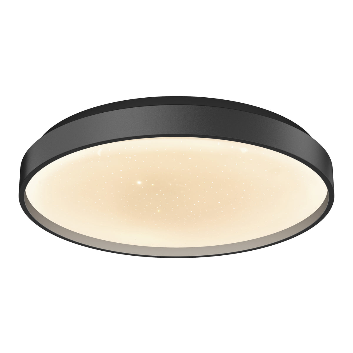A modern, round ceiling light fixture with a black rim and a glowing, soft white diffuser, featuring a subtle star-like pattern on the illuminated surface.